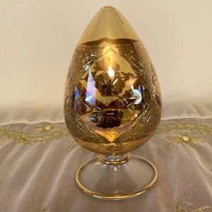 Vintage Egyptian Hand Blown Glass Egg Shaped Gold Etched Pattern Amber Color